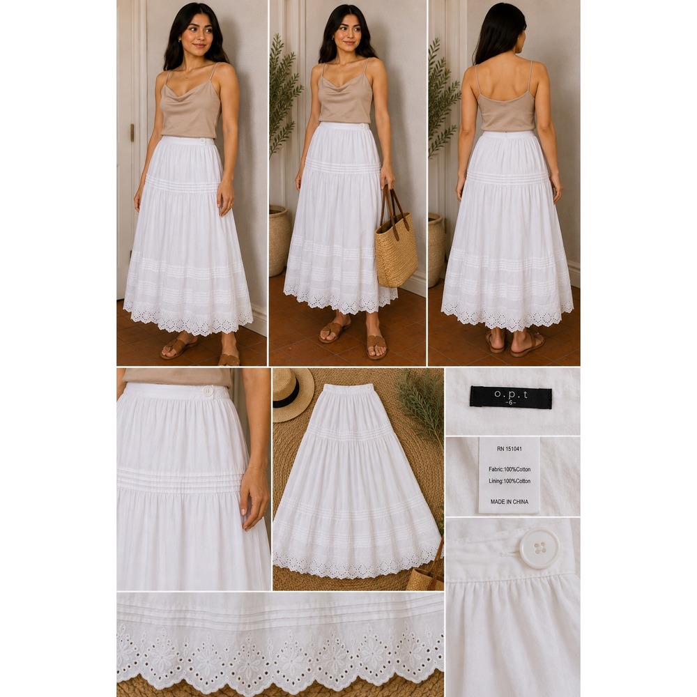 o.p.t. White Cotton Eyelet Tiered Maxi Skirt Size 6 Boho Cottagecore Scalloped